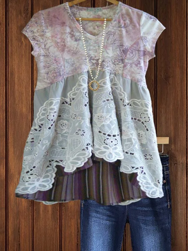 Casual Retro Floral Lace Short Sleeve Top