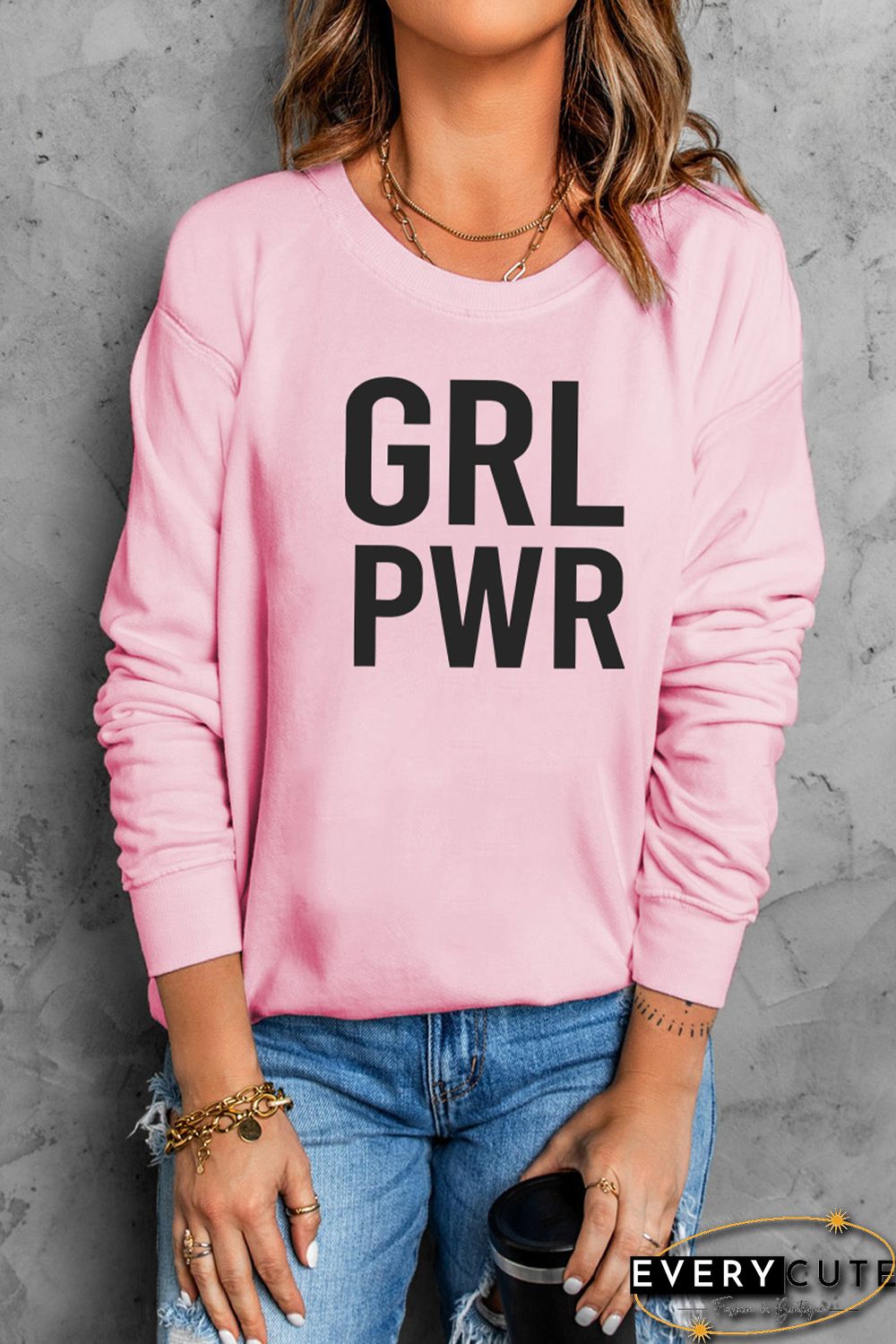 Pink GRLPWR O-neck Long Sleeve Pullover Sweatshirt
