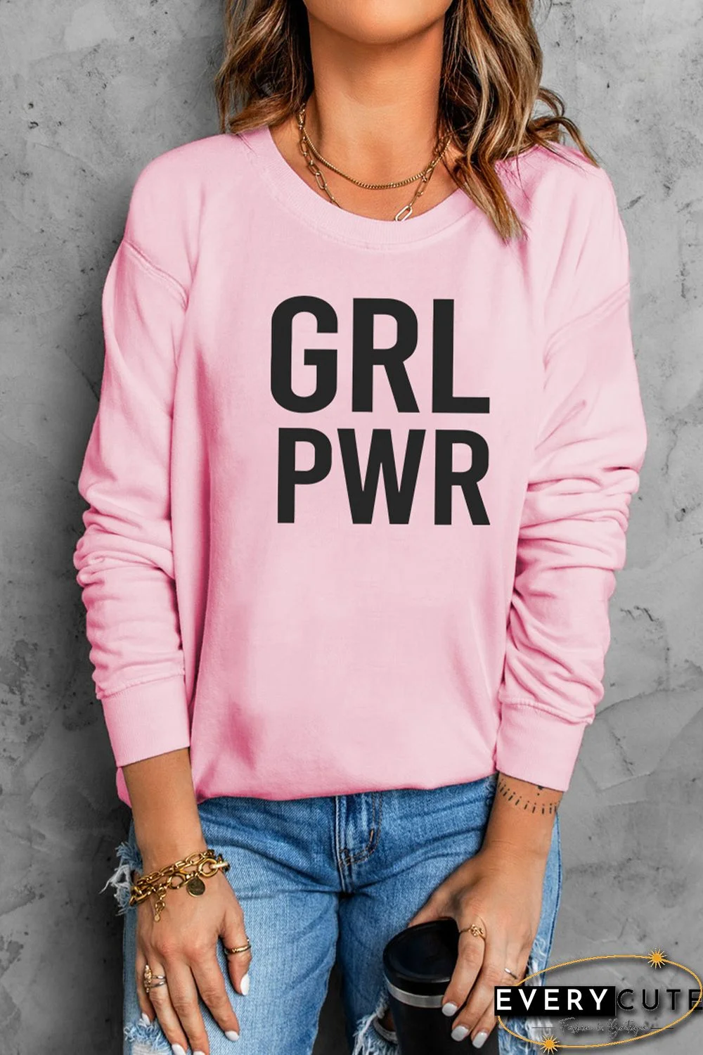 Pink GRLPWR O-neck Long Sleeve Pullover Sweatshirt