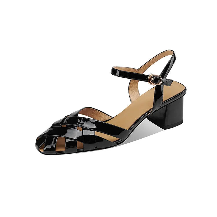 Aiertu NEW Summer Women Sandals Patent Leather Shoes for Women Round Toe Chunky Heel Shoes Cross-tied Cover Toe Black Gladiator Shoes Aiertu