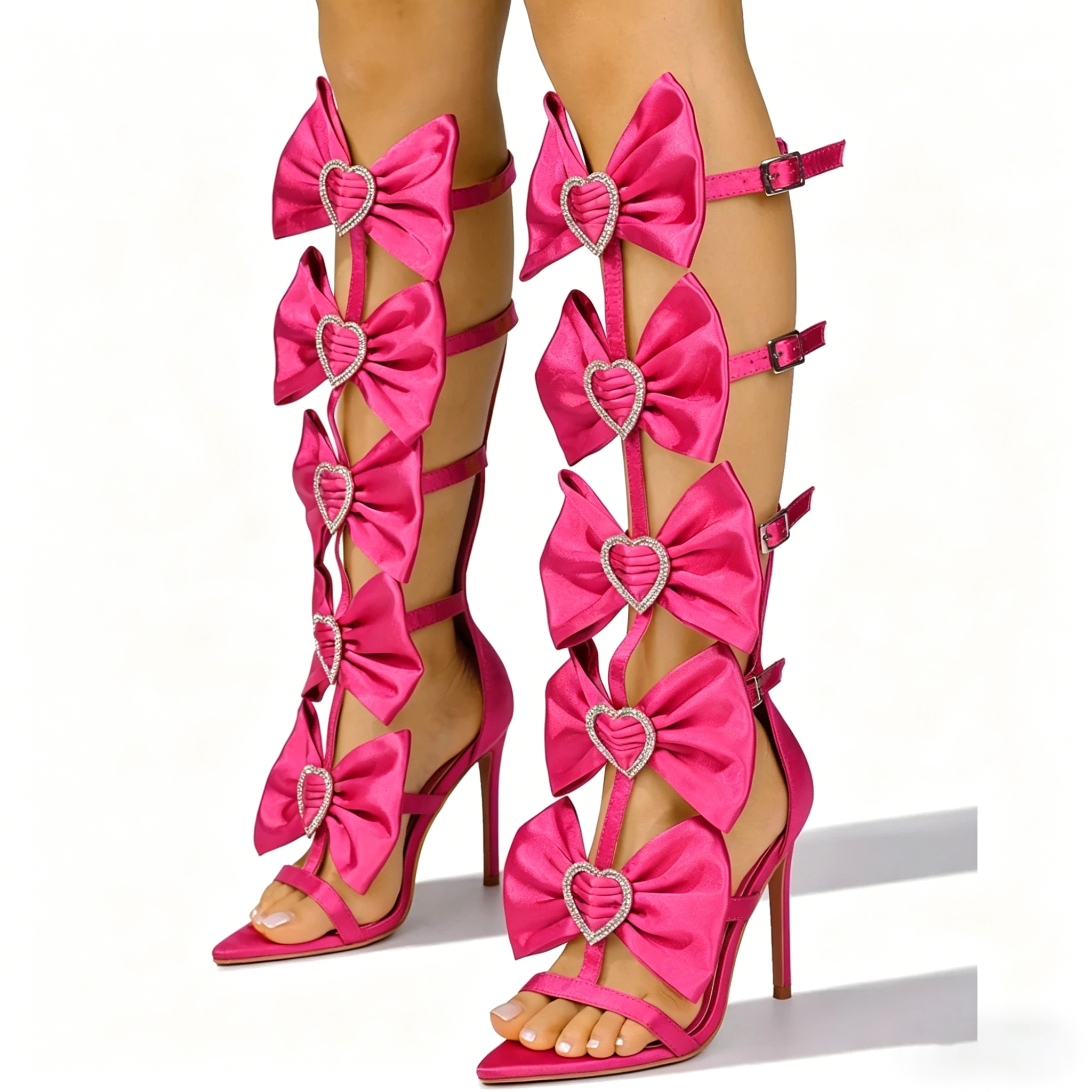 Heart Crystal Bow Long Sandals Women Lovely Strappy T-strap High Heels Satin Shoes Sweet Butterfly Open Pointy Summer Sandals  highheelher