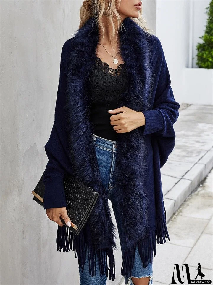 MidiSono - Elegant Lady Fur Collar Tassel Design Batwing Sleeve Cardigan Shawl Sweaters