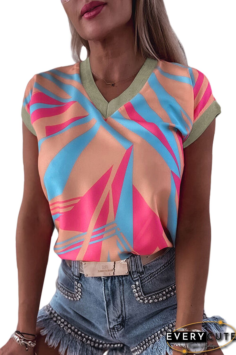 Orange Geometric Print Contrast Trim V Neck Blouse