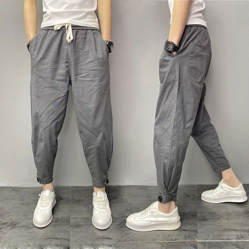 Cotton and linen casual loose legged cropped pants harem pants