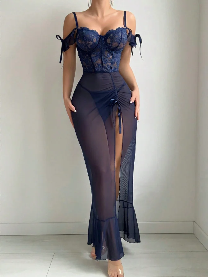 Navy Blue Sexy Lingerie Set Long Dress Split