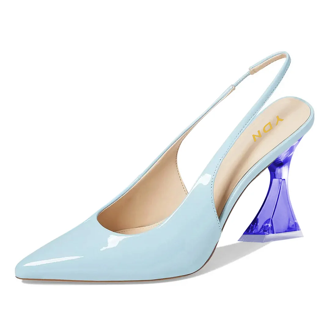 YDN Light Blue Patent Leather Pointed Toe Slingback High Heels
