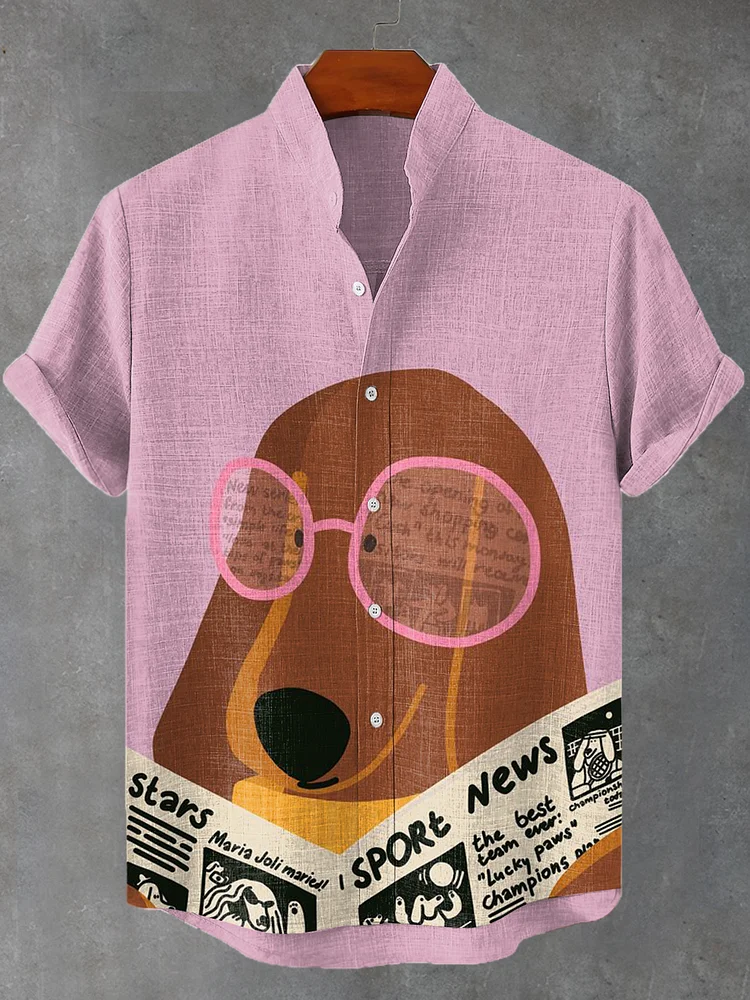 Men's Fun Newspaper Dog Color Contrast Art Print Linen Blend Shirt