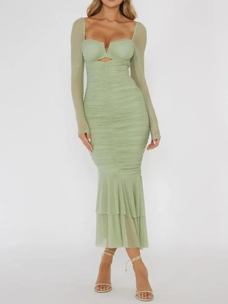 Brownm Ruched Bodycon Midi Dress