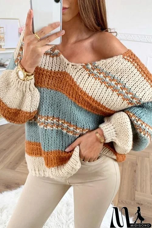 Stripe V Neck Puff Sleeve Sweater