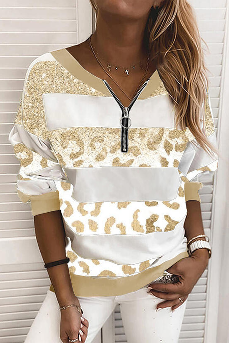 Leopard Print Zipper V-Neck Sweatshirt