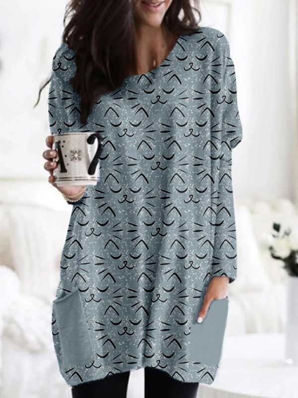Comstylish Cute Cat Faces Pattern Patch Pocket Comfy Tunic
