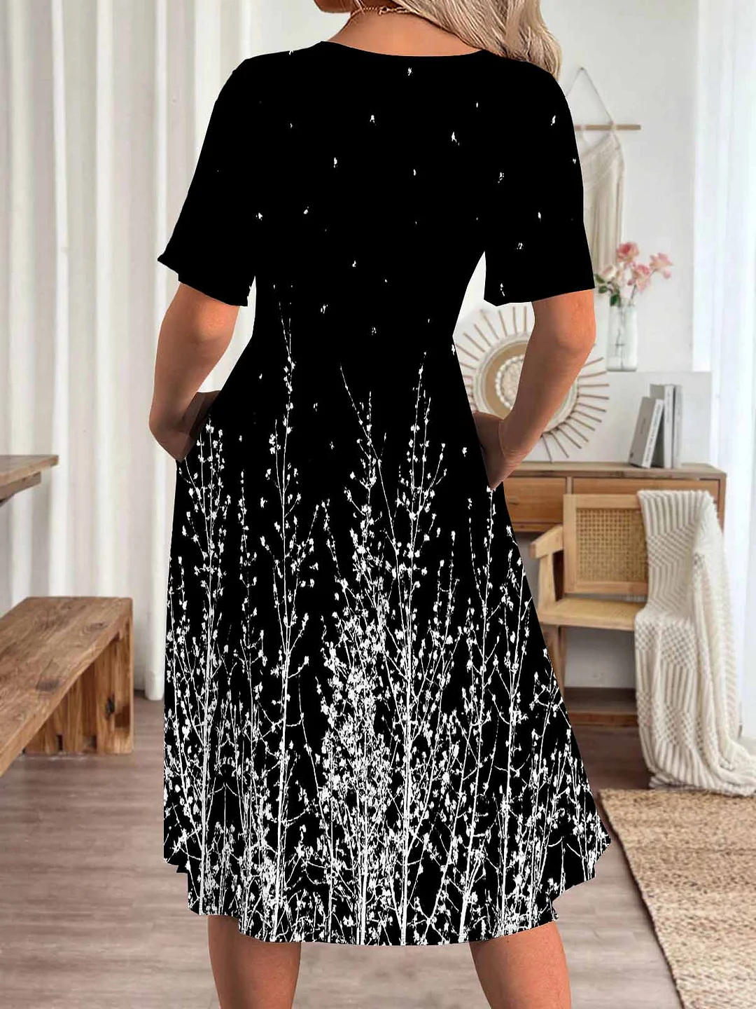 Women Floral,Black DZHA8350 Short Sleeve Scoop Neck Graphic Printed Hollow Midi Dress