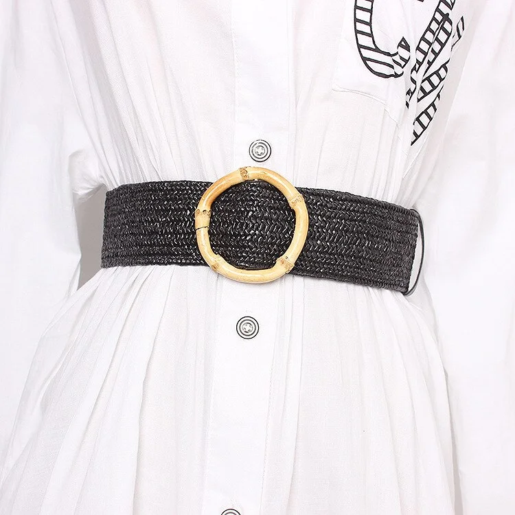 Designer's new natural bamboo buckle women's belt holiday wind seaside Bohemian bamboo buckle grass woven elastic belt girdle