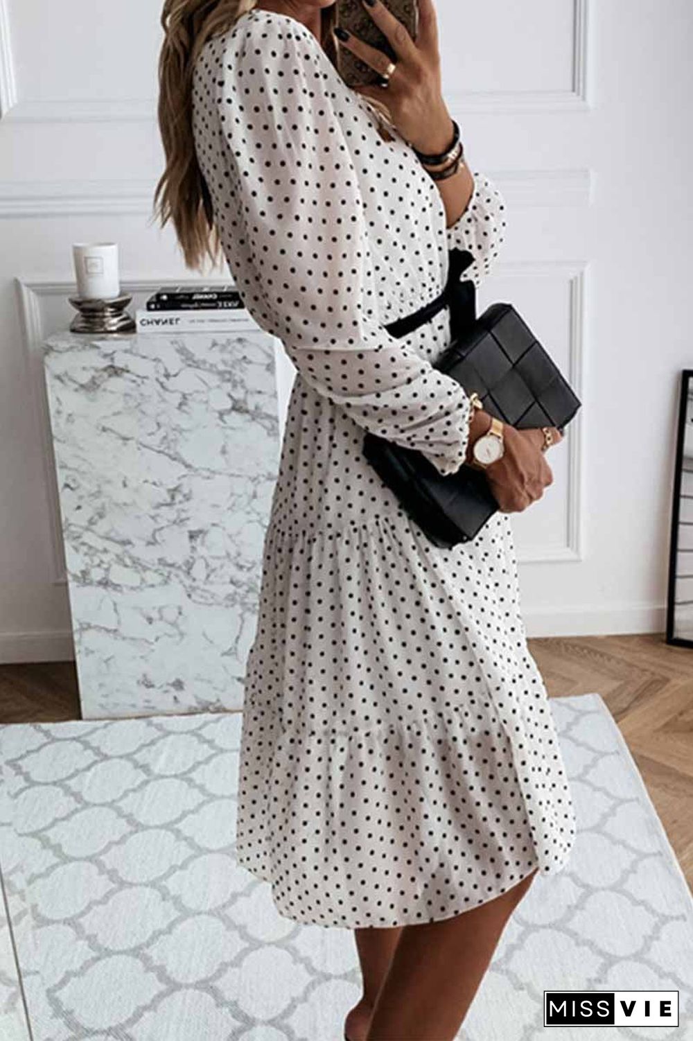 Elegant Dot Print Round Neck Tie Midi Dress