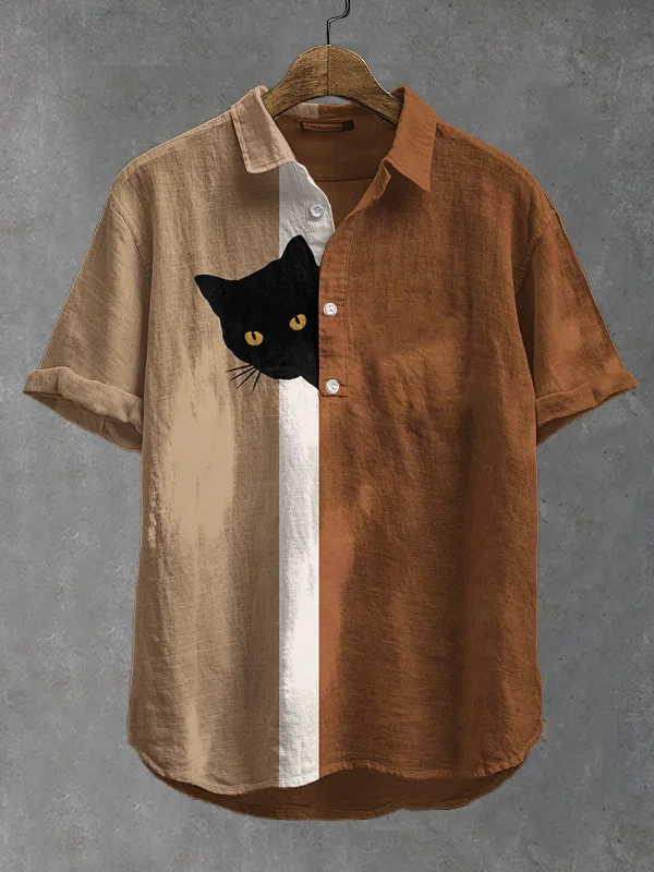 Men's Fun Hide And Seek Black Cat Print Short Sleeve Shirt