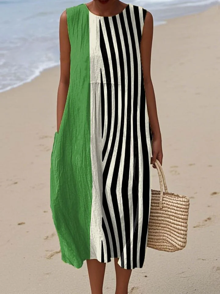 Women's Vintage Abstract Geometry  Art Print Sleeveless Cotton Pocket Wrap Dress