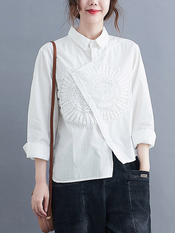 Artistic Retro Loose Irregular Applique Buttoned Lapel Collar Long Sleeves Blouse