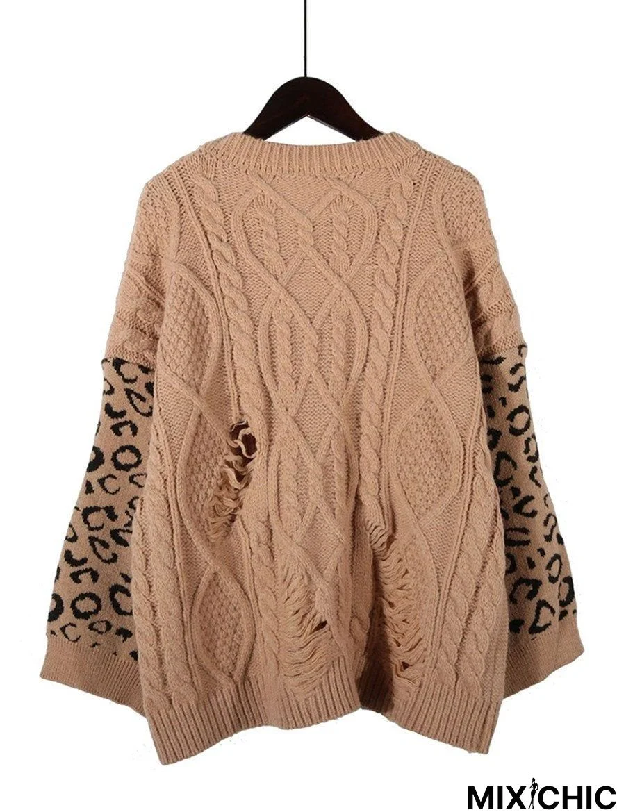 Fall/Winter Twist Leopard Stitching Long-Sleeved Round Neck Pullover