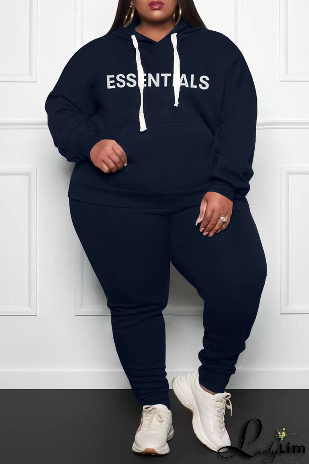 Grey Casual Print Split Joint Hooded Collar Plus Size Two Pieces