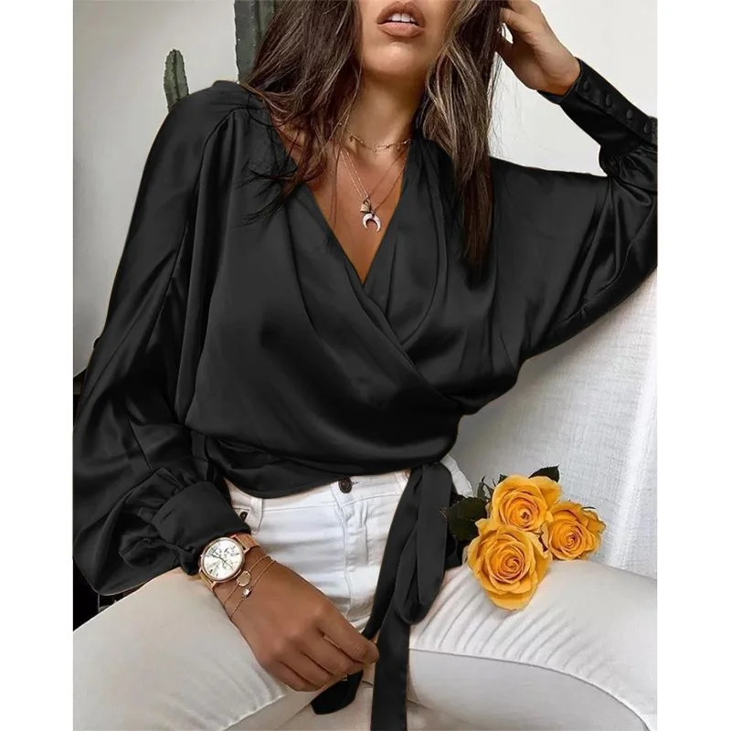 Celmia Women Satin Blouse Autumn Sexy V Neck Elegant Long Bat Sleeve Wrap Shirts 2022 Stylish Bandage Waisted Party Tops Tunic