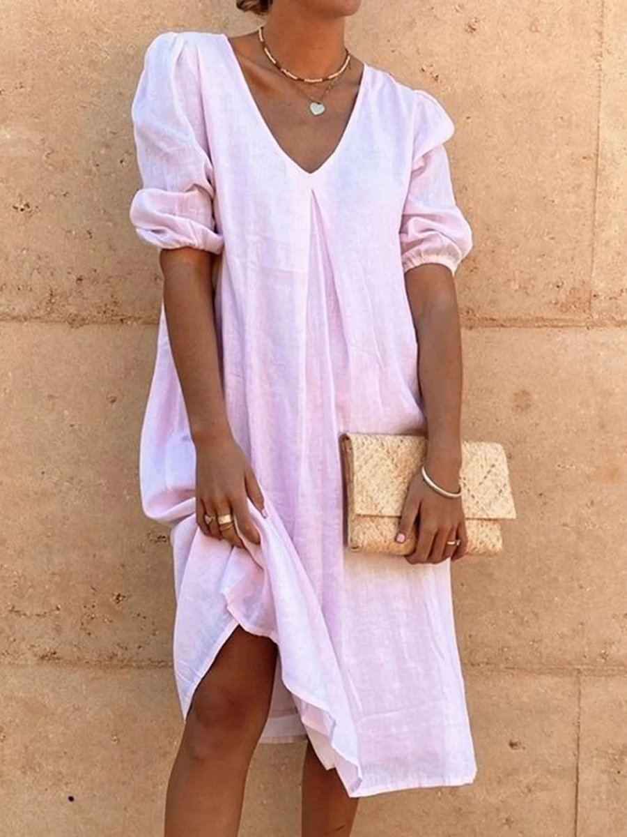 Casual Cotton And Linen Loose V-Neck Solid Color Dress