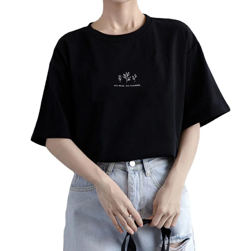 Uveng Uveng Sleeve Korean Round Collar T-Shirt Female 2024 Summer Loose Plant Print Casual Solid Color Student Half Sleeve Top Tide