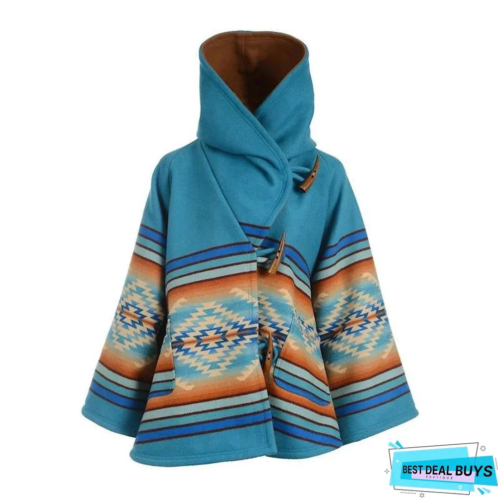 Wool Coat Printed Long Sleeve Hooded Coat