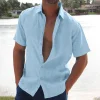 Summer Lapel Solid Color Short Sleeve Men's Linen Blouse by Inlyline