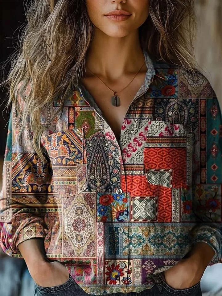 Women's Patchwork Art Print Casual Long Sleeve Comfortable Cotton Shirt