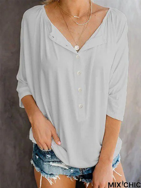 Casual V-Neck 3/4 Sleeve Solid Tunic Top
