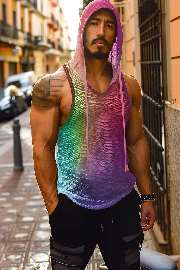 Rainbow Ombre Mesh See-Through Festival Hooded Tank Top 