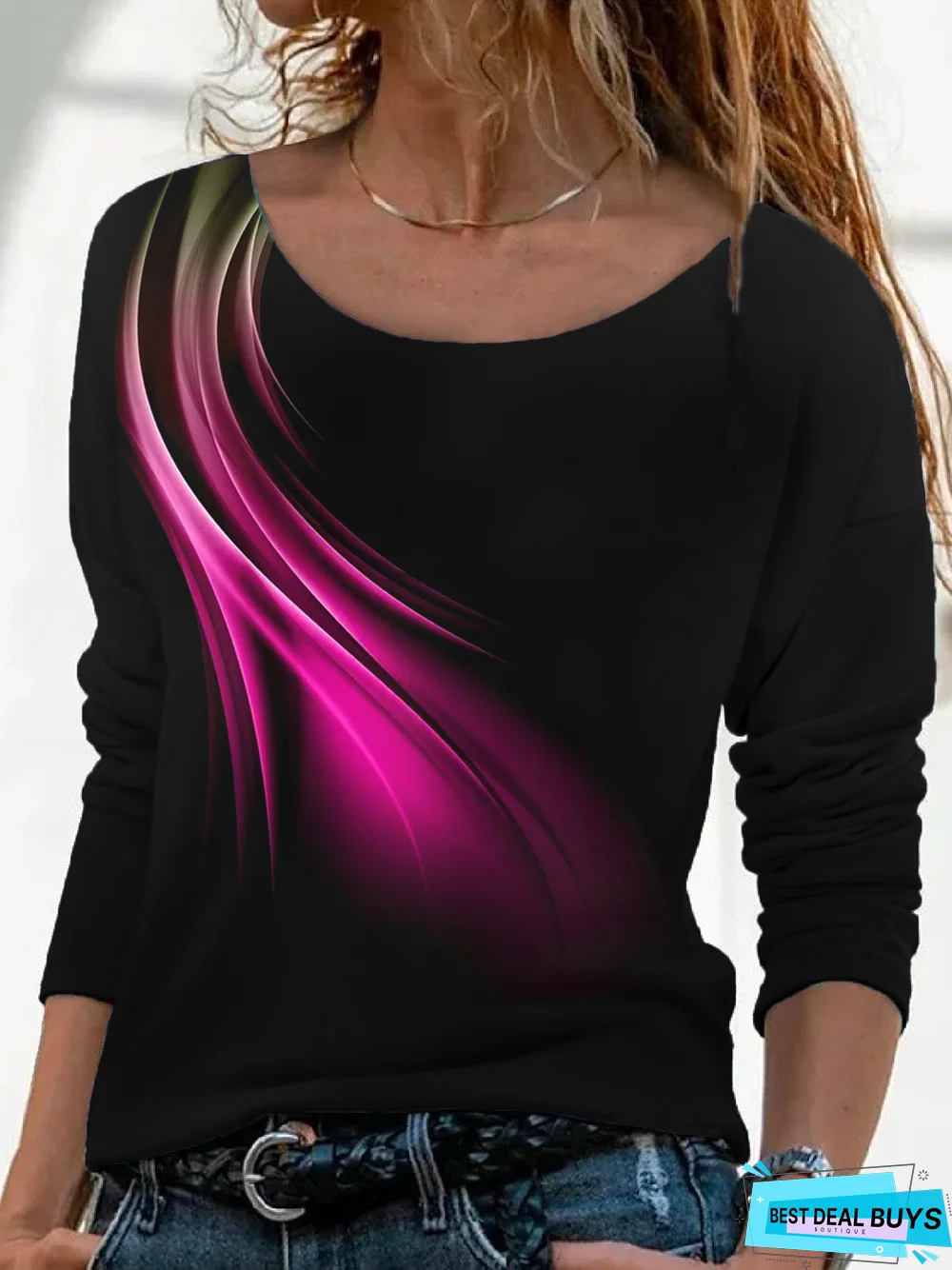 Casual Abstract Autumn Micro-Elasticity Jersey Long sleeve Crew Neck Regular H-Line T-shirt for Women