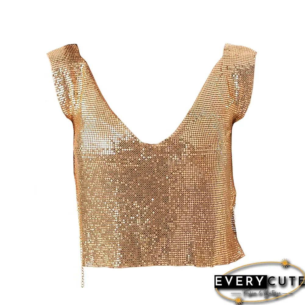 Gold Sequined V Neck Sleeveless Cropped Tank Top