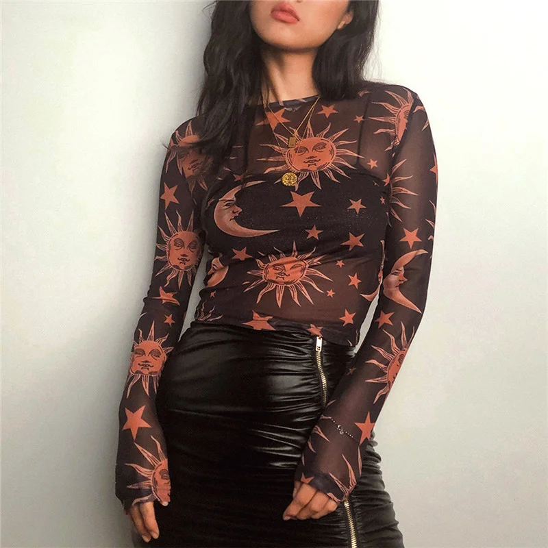 Mongw Mongw Spring Long Sleeve Mesh Perspective Round Collar Bottom Shirt T-Shirt Women