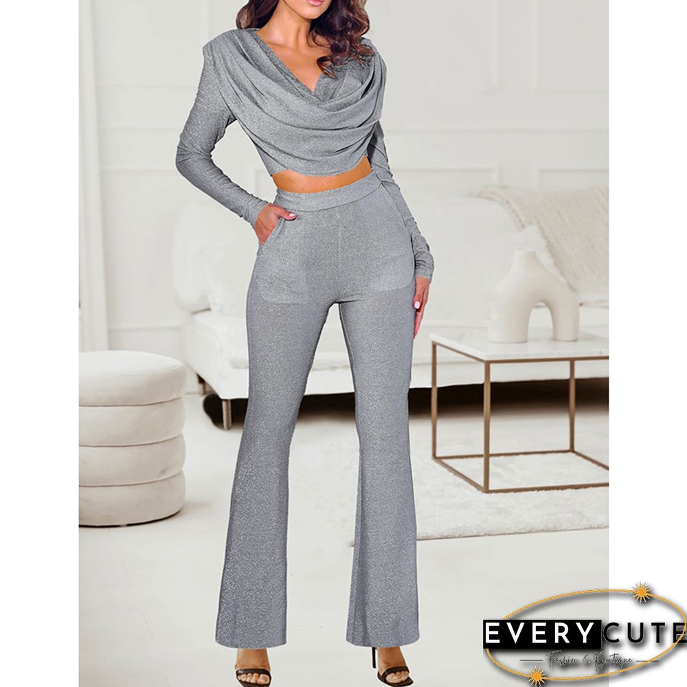 Light Gray Bronzing Long Sleeve Top with Flared Pants Set
