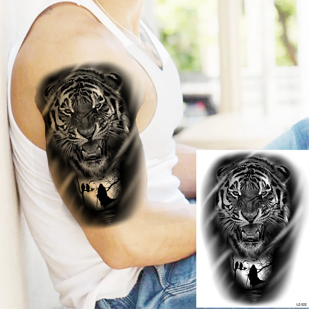 Sdrawing High Quality Lion Tiger Temporary Tattoos For Men Boys Realistic Fake Black Waterproof Tattoos Decal For Adult Party Supplies
