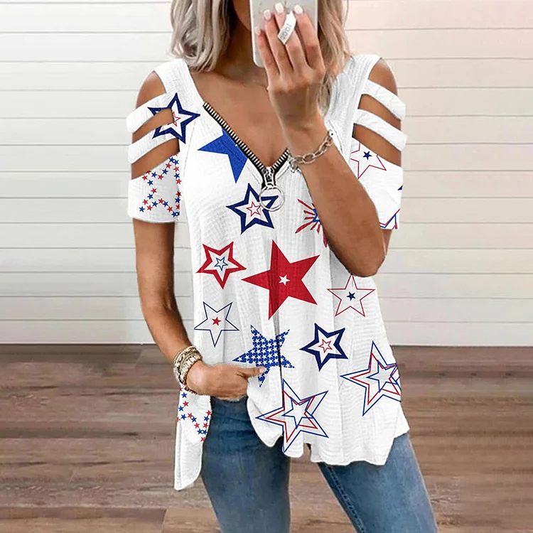 VChics American Flag Stars Print Zipper V-Neck Off-Shoulder T-Shirt