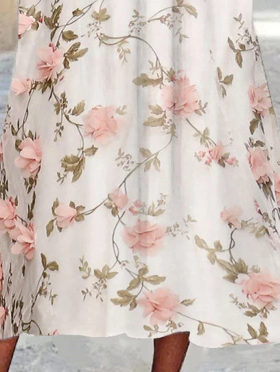 Women's Short Sleeve Square Collar Floral Printed Lace Stitching Midi Dress