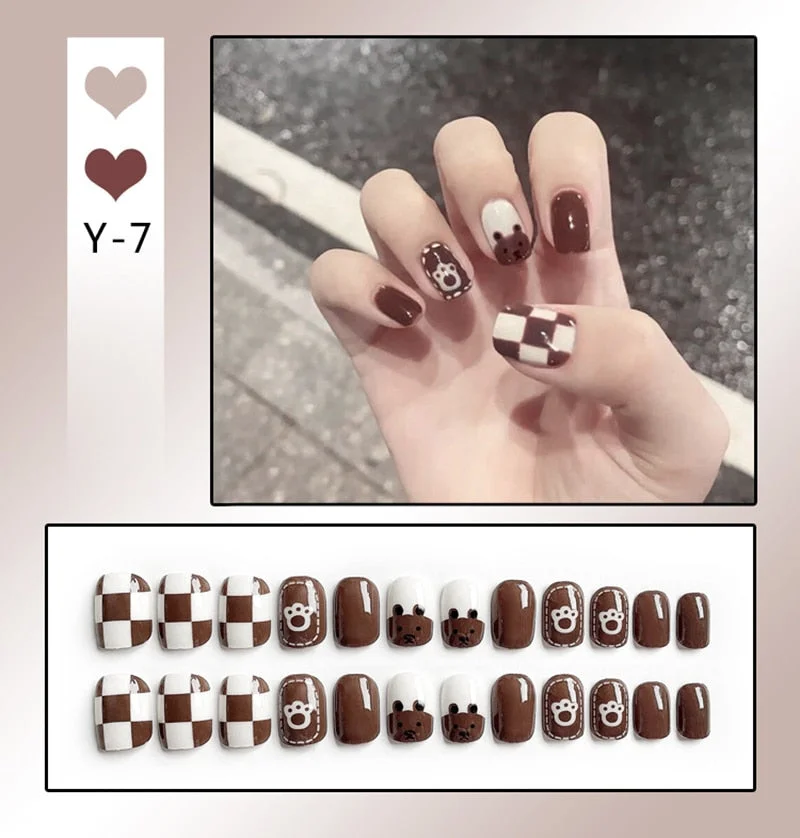 24Pcs/Set French Rhombus Designs False Nail Full Cover Fake Nails with Glue Detachable Wearable DIY Manicure Nail Art Tools-Nail Inspo