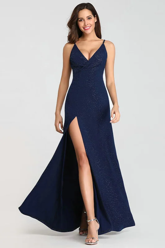 Glittering V-Neck Sleeveless Prom Dress Long Evening Party Gowns With Split