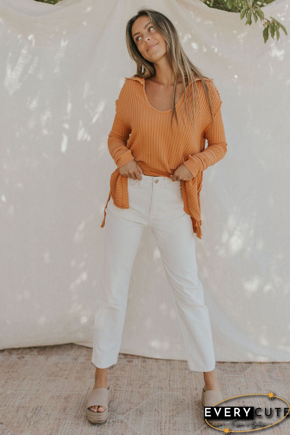Orange Distressed Seam Trim Waffle Knit Top
