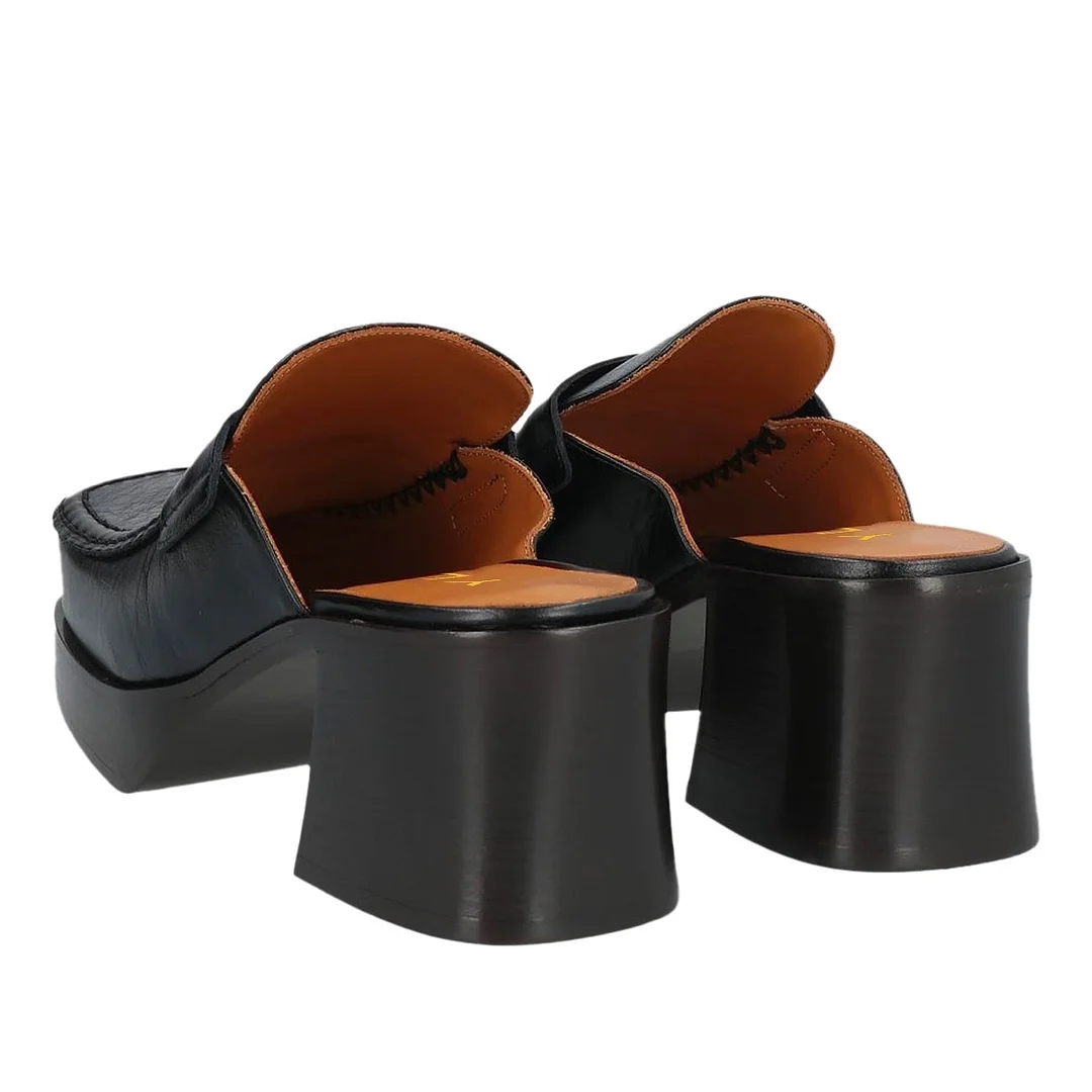 Black Square Toe Chunky Heel Slip On Mule Loafers with Platform