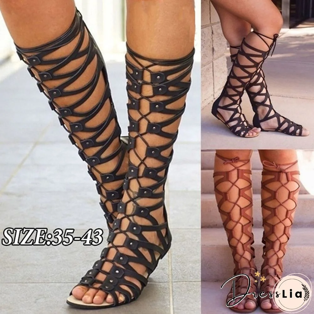 New Women Fashion Gladiator Sandals Flats Summer Shoe Ladies Sexy Casual Knee-High Boots Multi-Strap Gladiator Sandals Women Shoes Plus Size 35-43