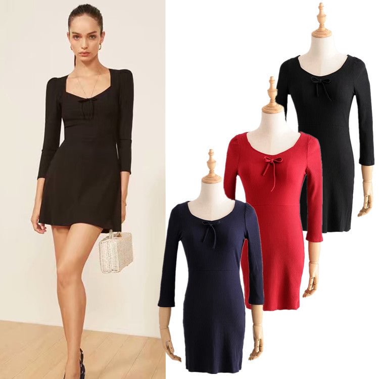 Summer Elegant Cropped Sleeve Thread Fitted Hip Skirt Short Knitted Square Collar Dress Women