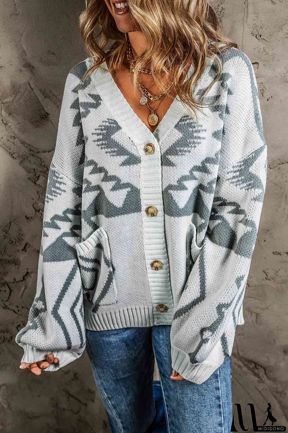 MidiSono - Printed Button Up V-Neck Long Sleeve Cardigan