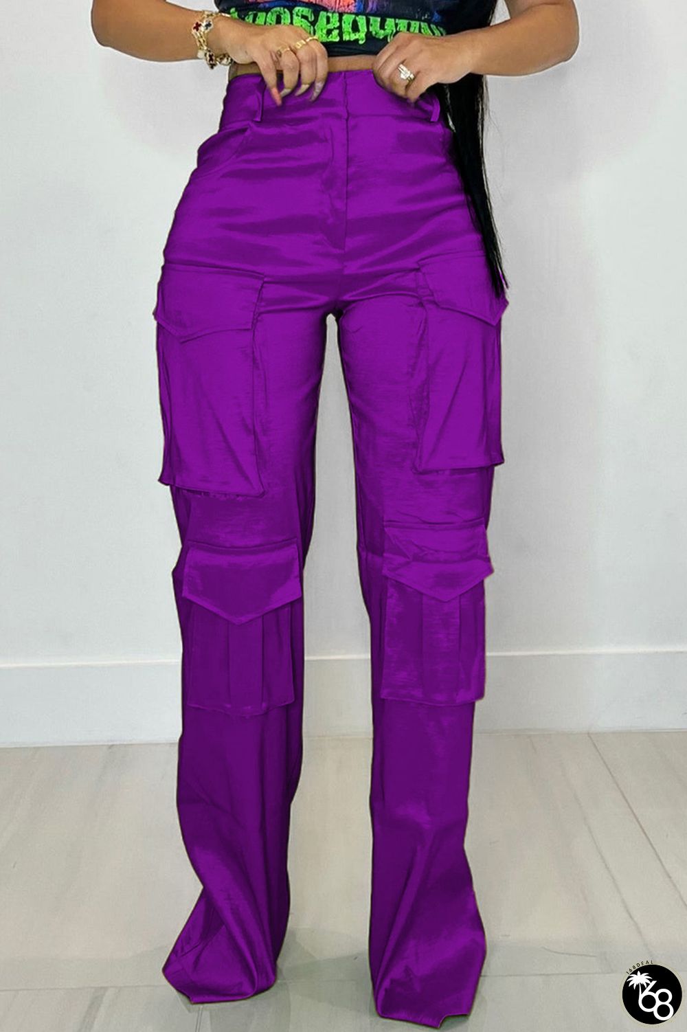 Purple Casual Solid Patchwork Regular High Waist Conventional Solid Color Trousers | 168DEAL