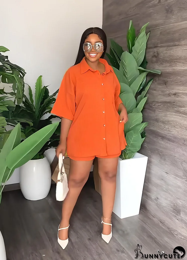 Solid Turndown Collar Long Shirt Casual Shorts Set Women's Two Piece