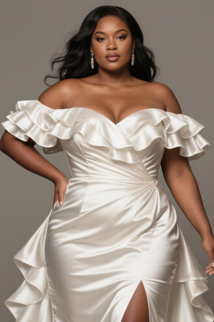 Xpluswear Design Plus Size Wedding White Off The Shoulder Split Elegant Ruffle Satin Maxi Dresses [Pre-Order]