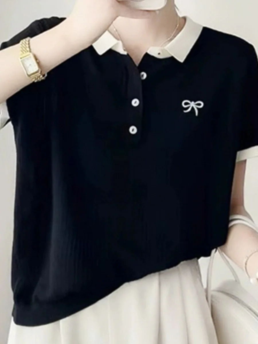Athvotar Athvotar Collared Thorned Bow Embroidered Short-Sleeved T-Shirt Girl's Small Fragrant Wind Age Relaxed Temperament Ice Silk Knitted Shirt Tide