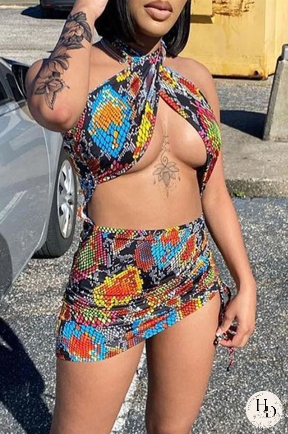 Grey Fashion Sexy Print Hollowed Out Backless Halter Sleeveless Dress